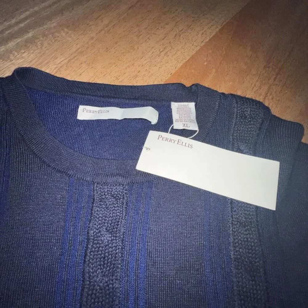 NWT Perry Ellis Men's Blue Silk/Rayon Pullover Sweater‎ Crew Neck Long Sleeve XL